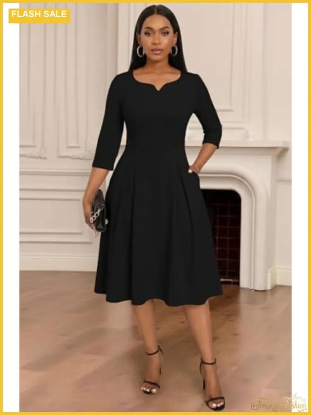 Fit-and-Flare Midi Dress V-Notch Neck 3/4 Sleeve Side Pockets